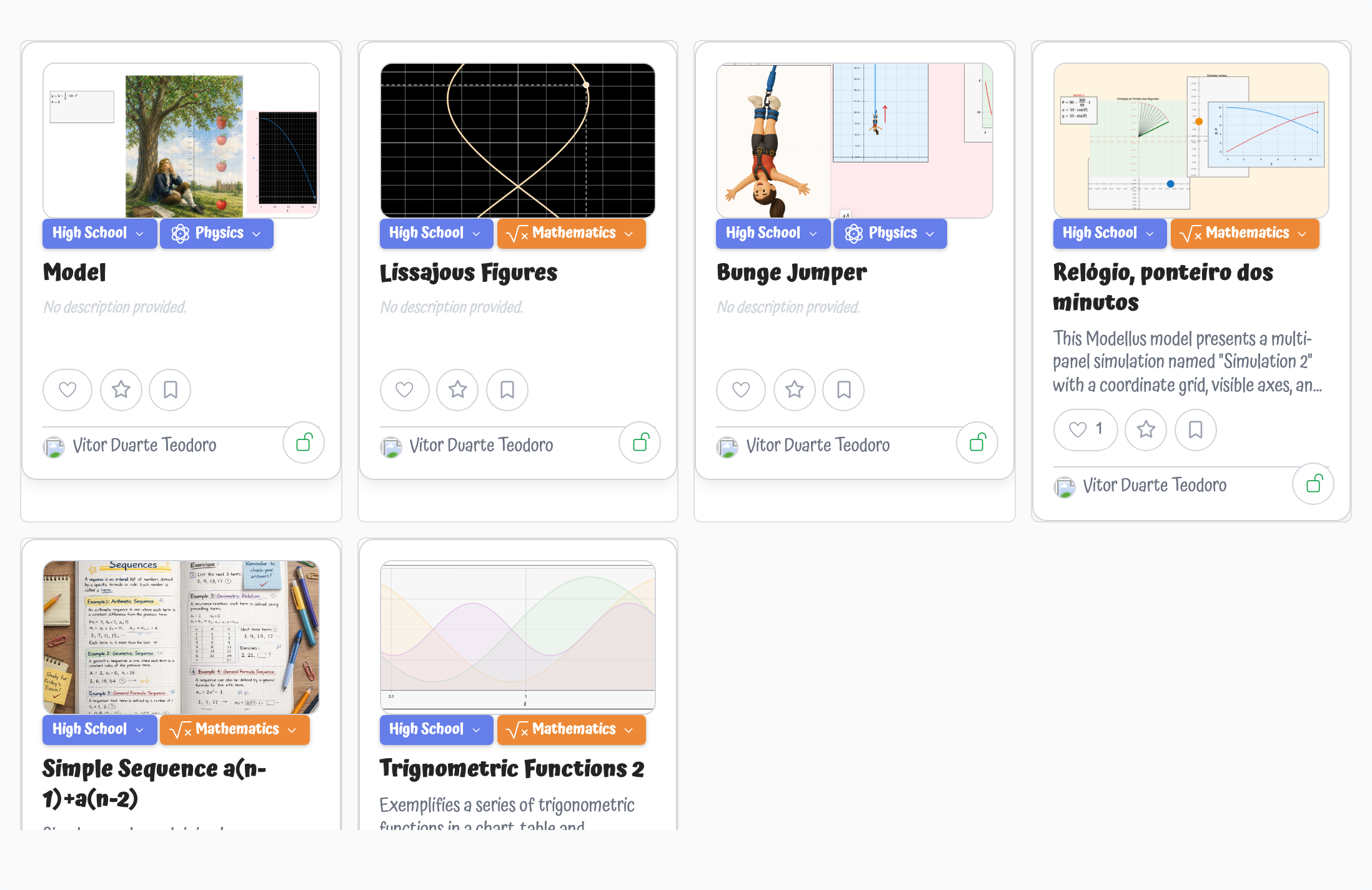 Model cards showing thumbnails, categories, and social actions