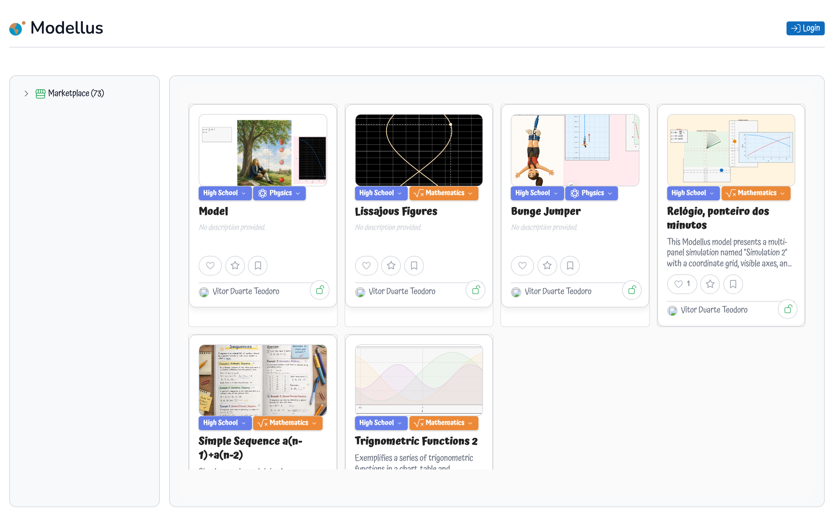 Marketplace showing public models as card tiles with categories and social features