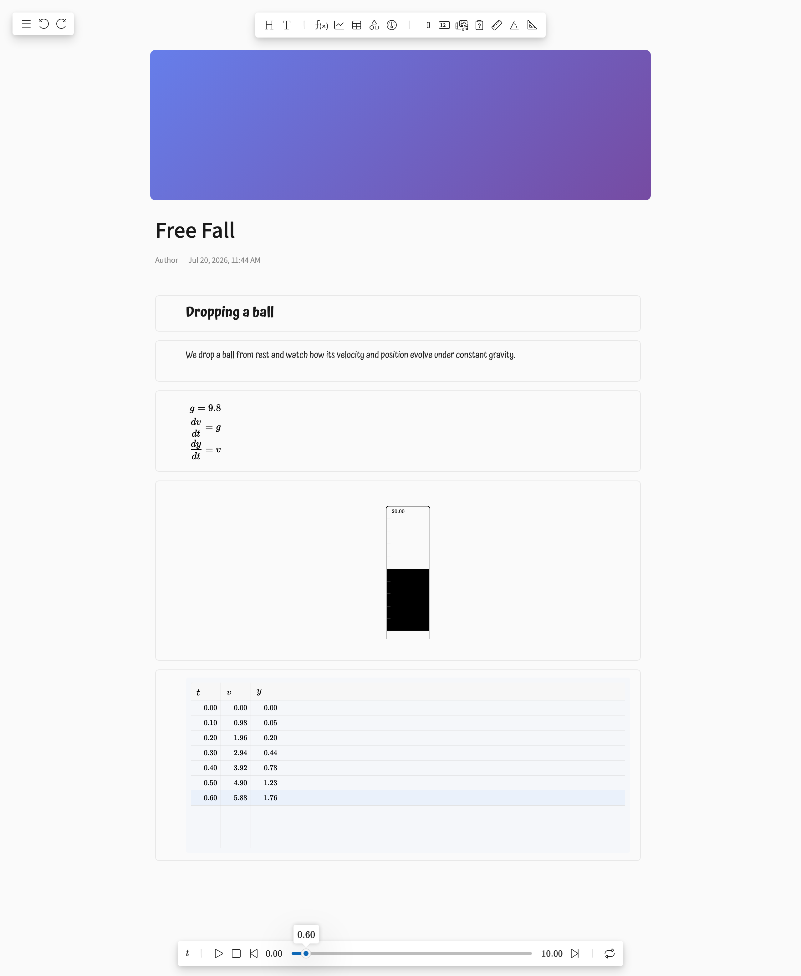 Notebook editor with cover image, title, and header, text, expression, and table blocks